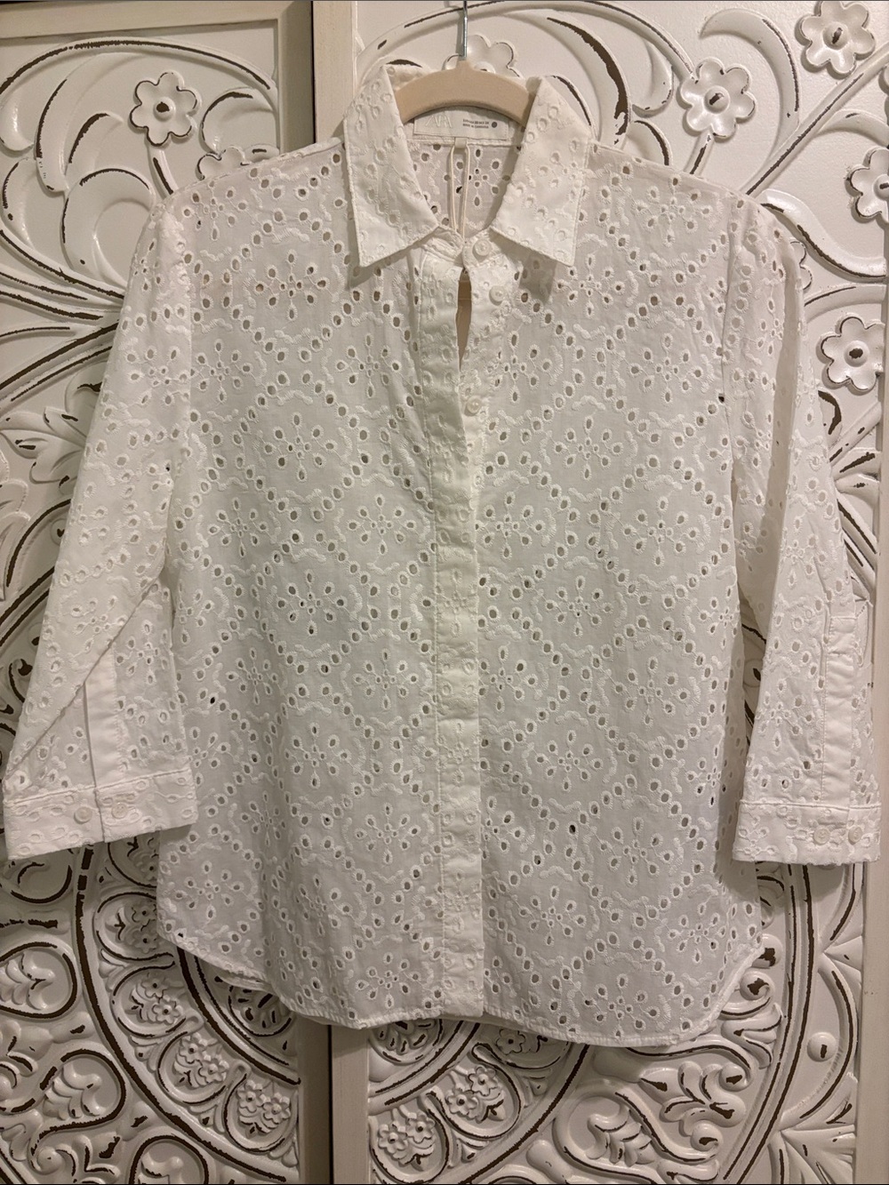 Zara White Eyelet Button-Down Shirt